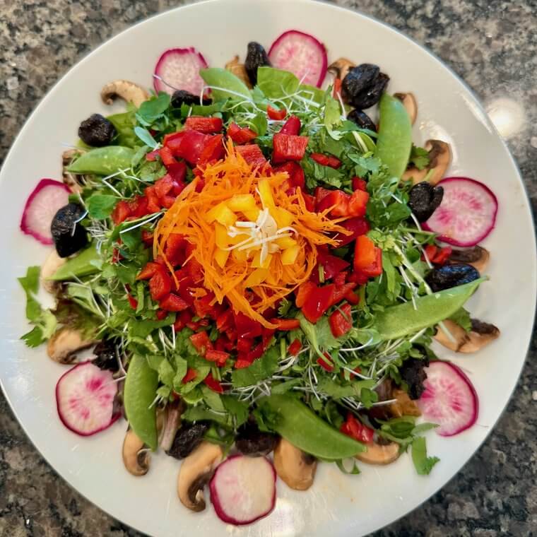 Raw vegan salad with red pepper, shredded carrot, radish slices, and microgreens