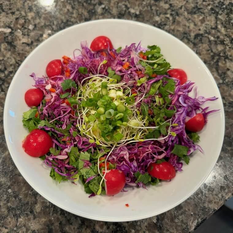 Raw vegan salad bowl with purple cabbage, cherry tomatoes, and sprouts