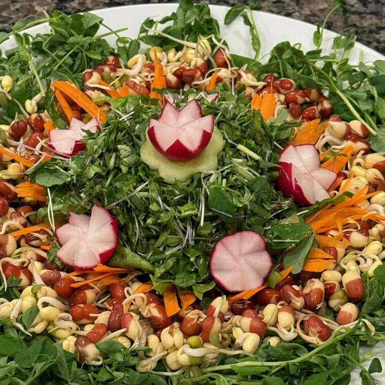 Raw vegan salad with radish flowers, chopped walnuts, carrot, and greens