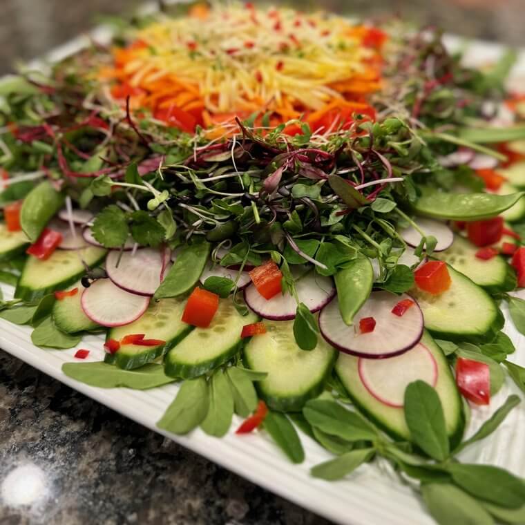 Close-up of a sunburst salad with red pepper, shredded carrot, radish, and cucumber
