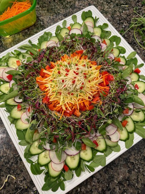 Red pepper and shredded carrot piled in the center